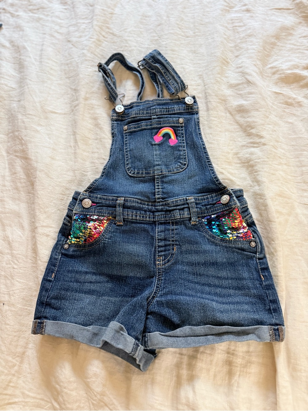 Jordache Dark Blue Denim Short Overalls with Rainbow Sequin Pockets and Patch